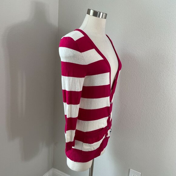 Y2K Hollister Womens Large Striped Cardigan Sweater Pink White Knit Button Up - Picture 2 of 8
